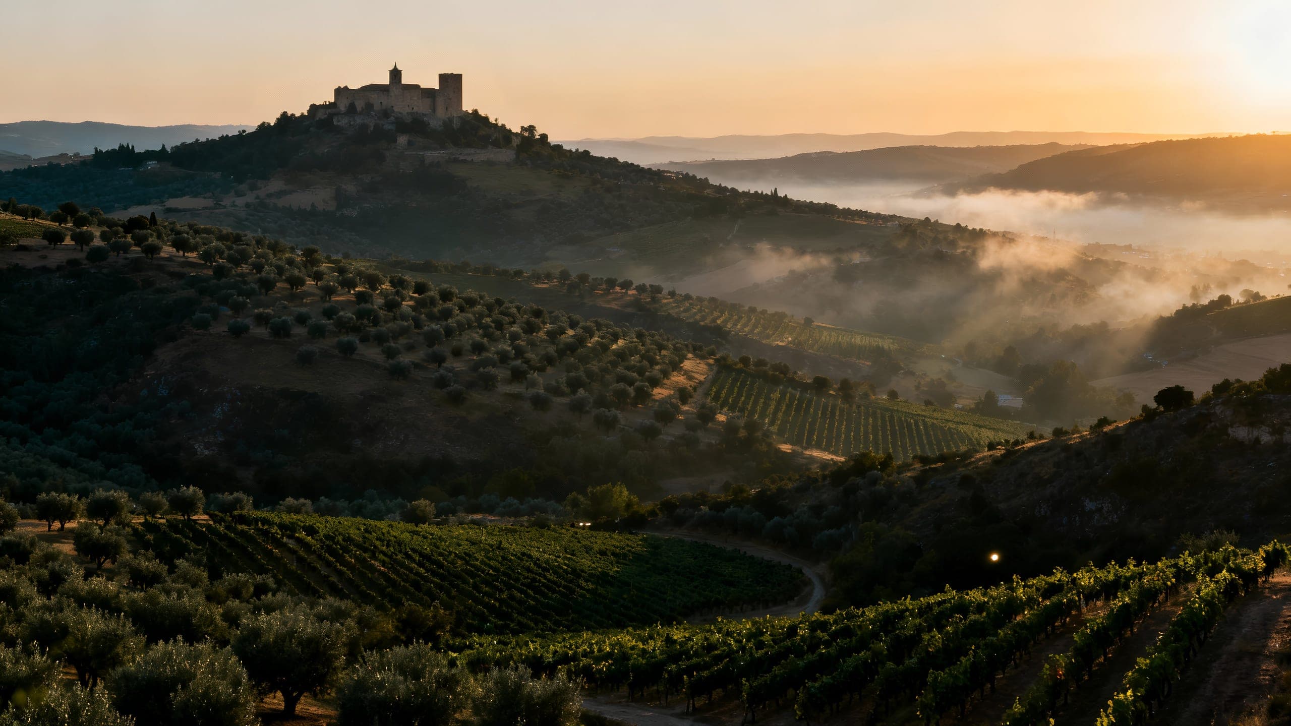 Finca histórica al amanecer entre olivares y viñedos.