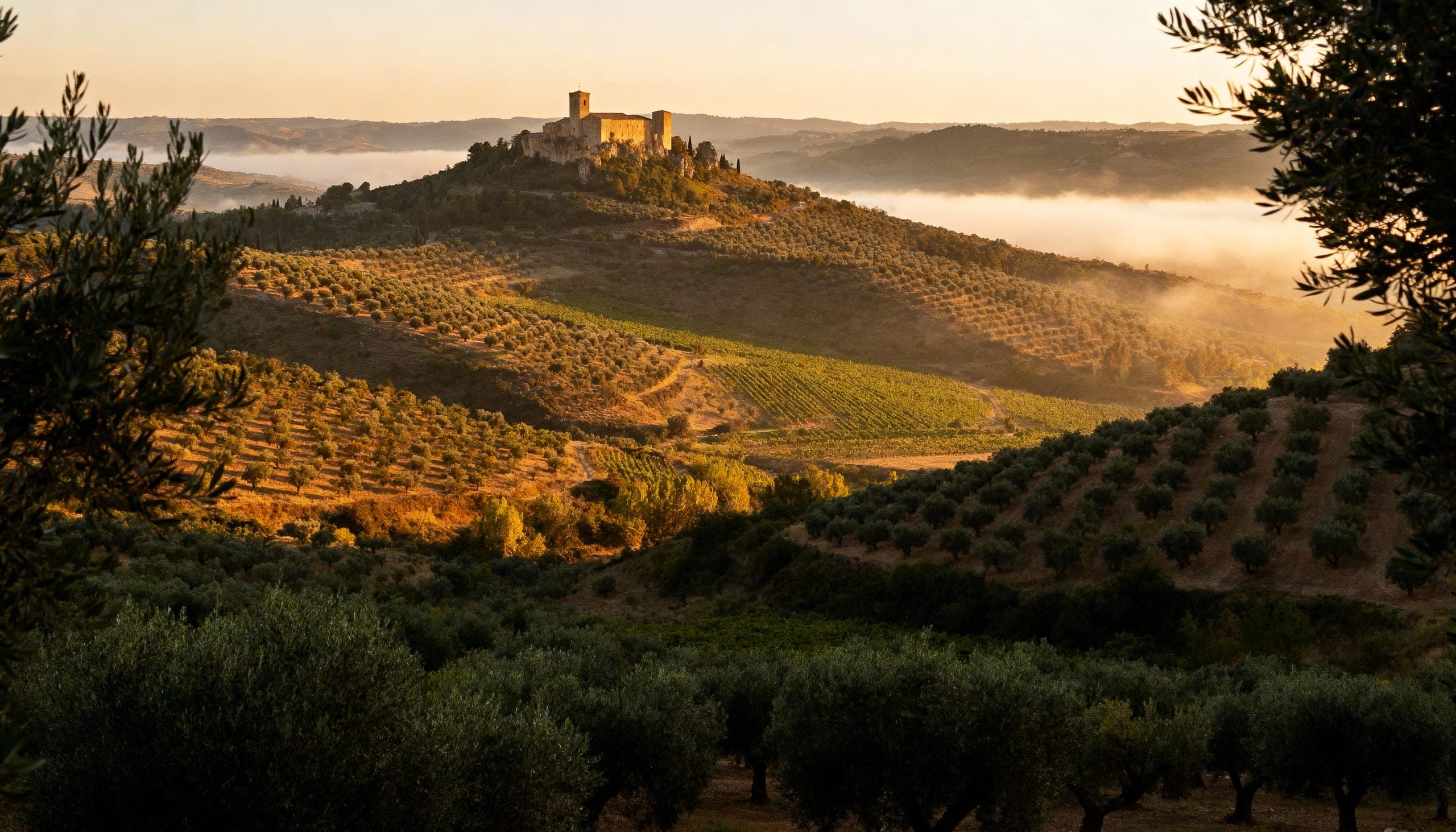 Paisaje rural andaluz al amanecer con olivares.